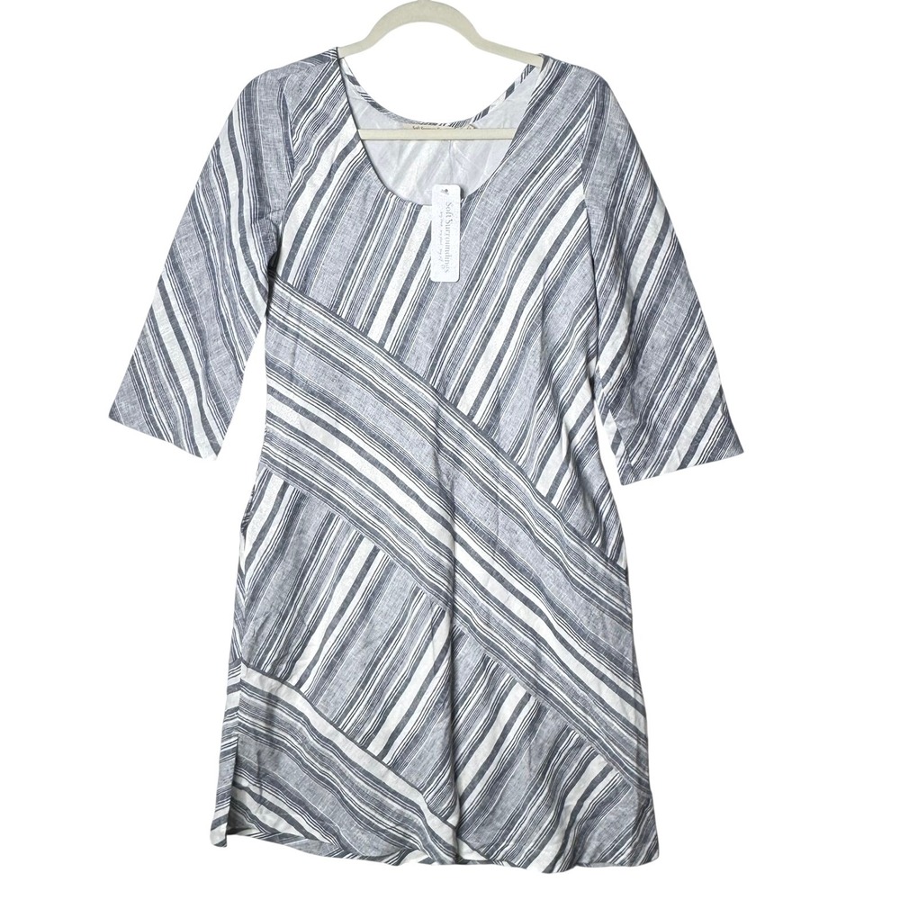 Soft Surroundings Sonya Linen Dress Sz S Petite Blue White Striped Summer PS